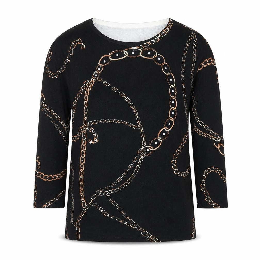 Front view of Venue women’s black chain print 3/4 sleeve stretch top m