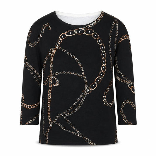 Front view of Venue women’s black chain print 3/4 sleeve stretch top m