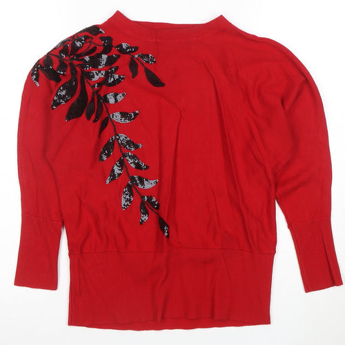 Roman Women’s Red Sequin Floral Tunic Knit Blouse Size 12