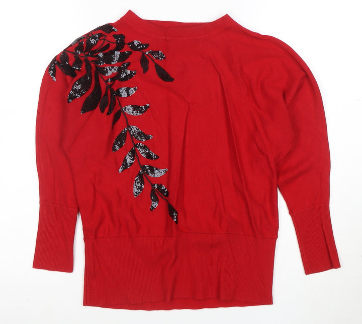 Roman Women’s Red Sequin Floral Tunic Knit Blouse Size 12