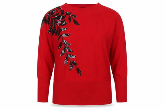 Front view of Roman Women’s Red Sequin Floral Tunic Knit Blouse, size UK 12