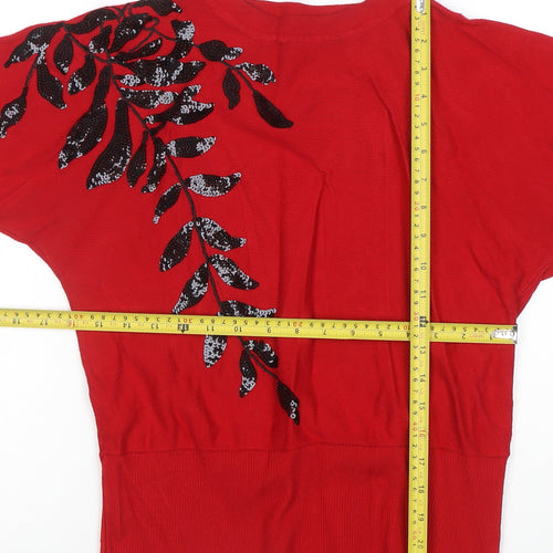 Roman Women’s Red Sequin Floral Tunic Knit Blouse Size 12