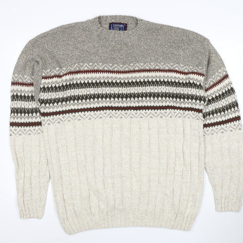 Liberty Men's Grey Fair Isle Cotton Knit Jumper Size L