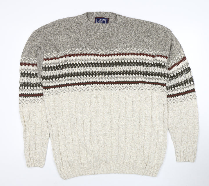 Liberty Men's Grey Fair Isle Cotton Knit Jumper Size L