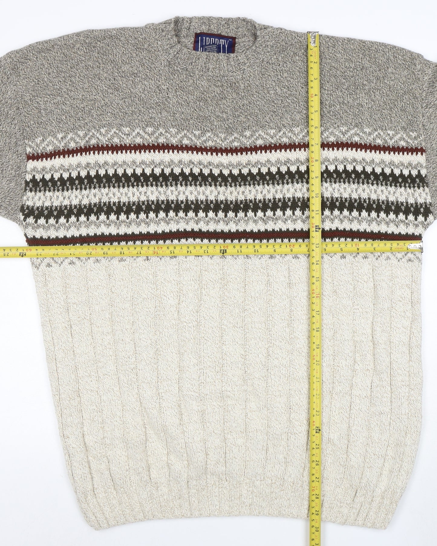 Liberty Men's Grey Fair Isle Cotton Knit Jumper Size L