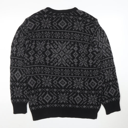 Roundtree & Yorke Men's Black Fair Isle Cotton Crew Neck Jumper Medium