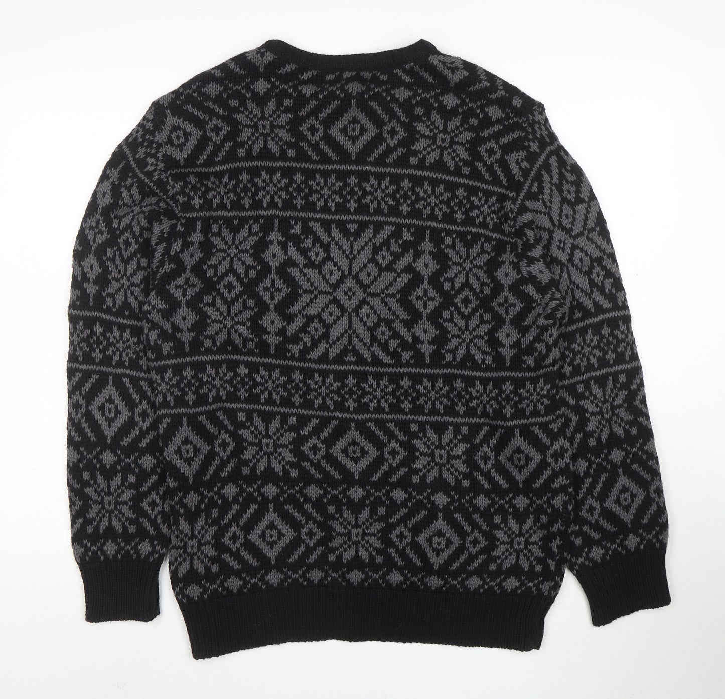 Roundtree & Yorke Men's Black Fair Isle Cotton Crew Neck Jumper Medium