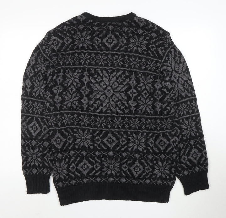 Roundtree & Yorke Men's Black Fair Isle Cotton Crew Neck Jumper Medium
