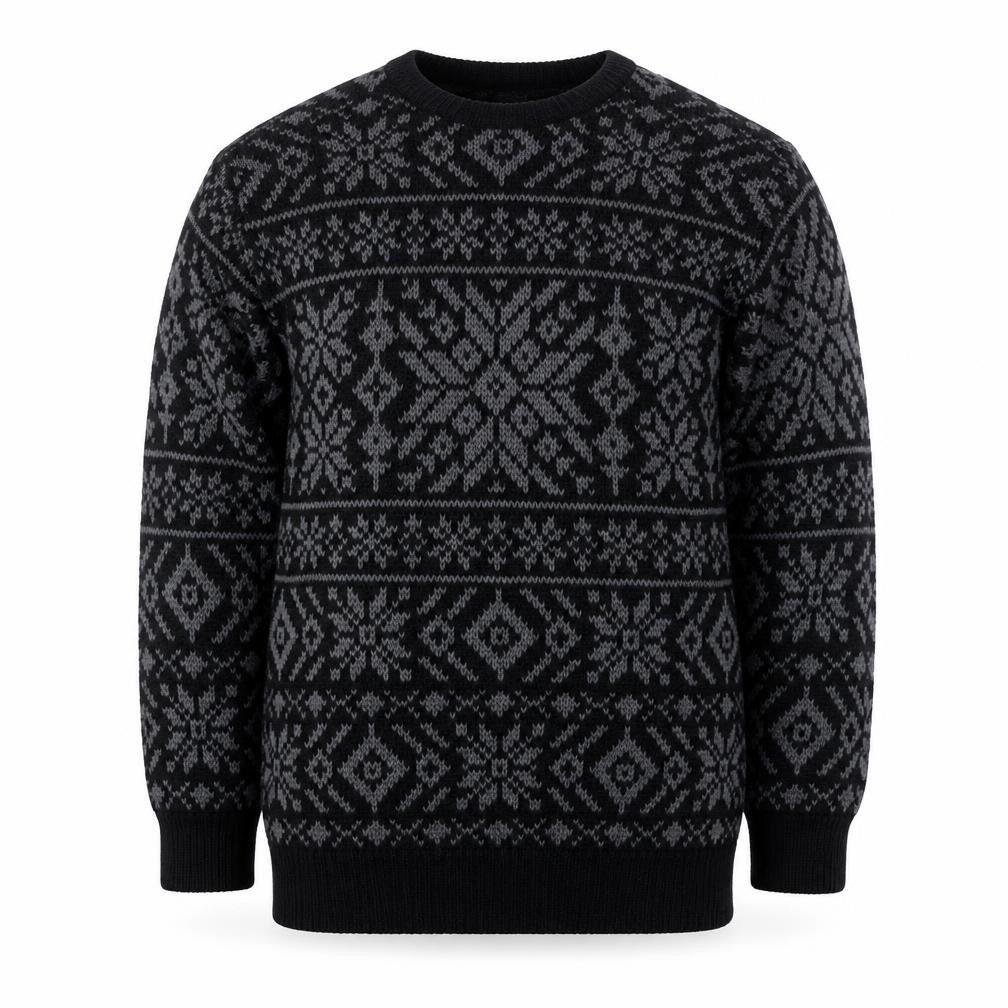Front view of Roundtree & Yorke Men's Black Fair Isle Cotton Crew Neck Jumper Medium