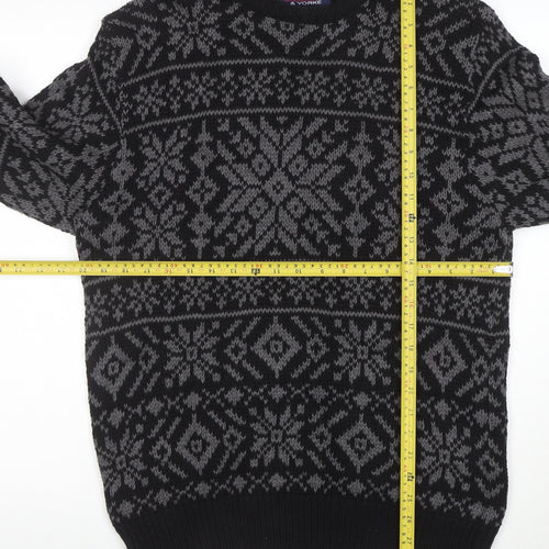 Roundtree & Yorke Men's Black Fair Isle Cotton Crew Neck Jumper Medium