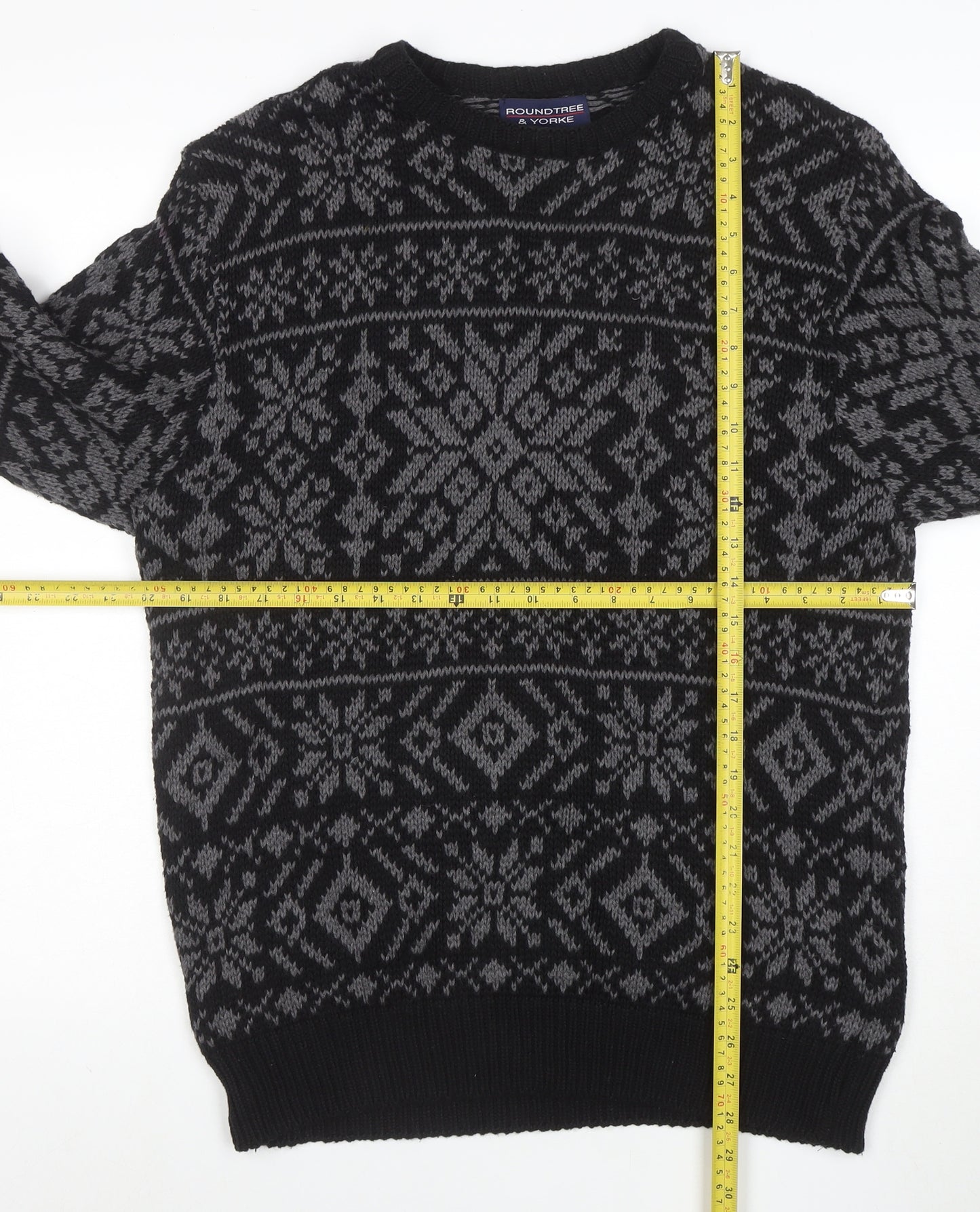 Roundtree & Yorke Men's Black Fair Isle Cotton Crew Neck Jumper Medium