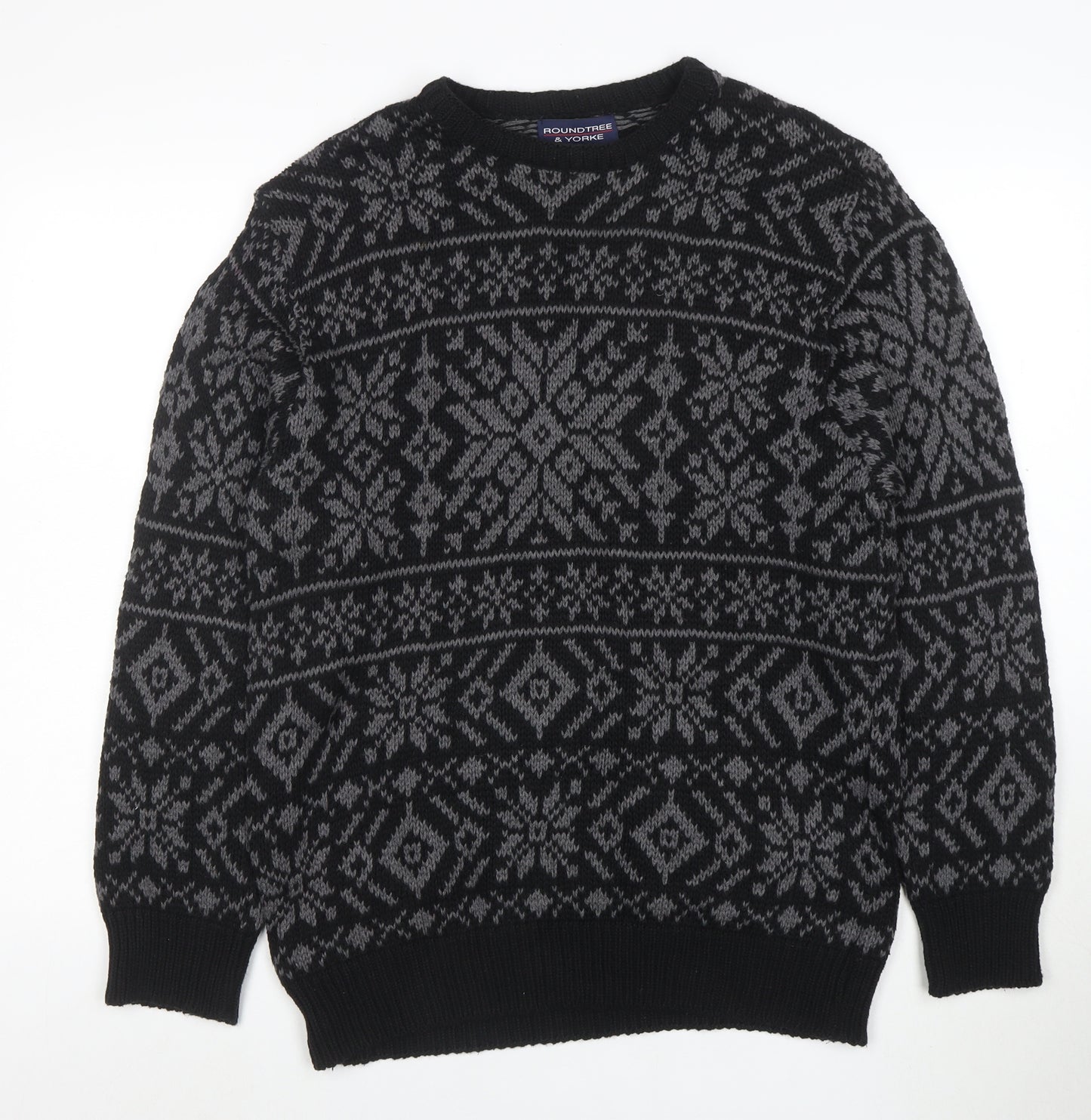 Roundtree & Yorke Men's Black Fair Isle Cotton Crew Neck Jumper Medium