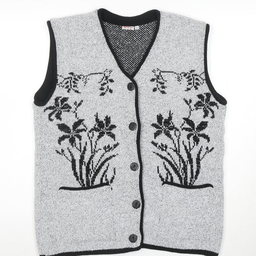 Mode Collection Women Grey Black Floral Knit Button Vest M