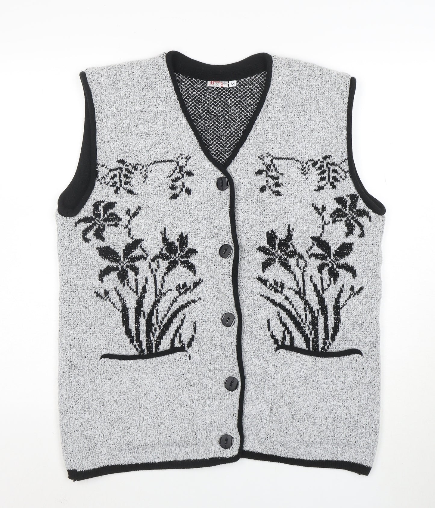 Mode Collection Women Grey Black Floral Knit Button Vest M