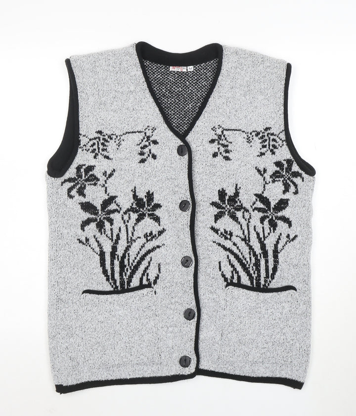 Mode Collection Women Grey Black Floral Knit Button Vest M