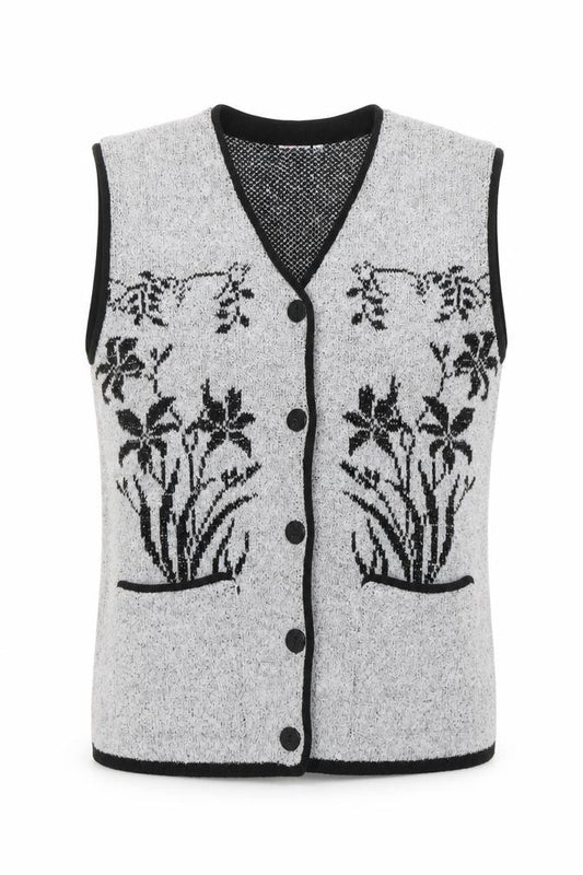Front view of Mode Collection Women Grey Black Floral Knit Button Vest M