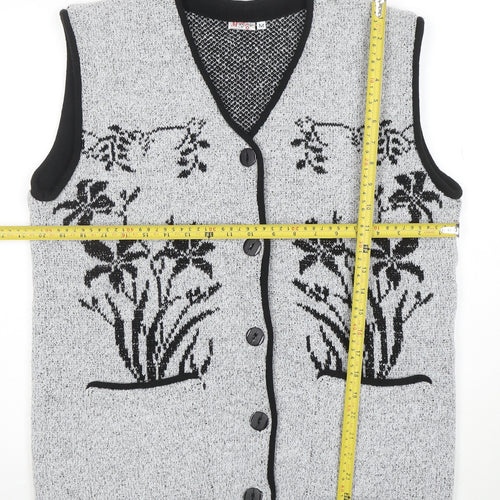 Mode Collection Women Grey Black Floral Knit Button Vest M