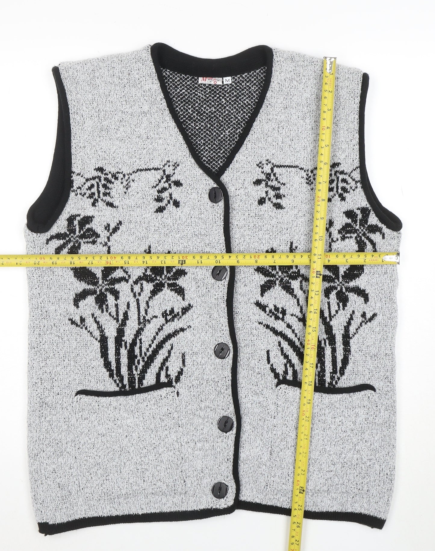 Mode Collection Women Grey Black Floral Knit Button Vest M