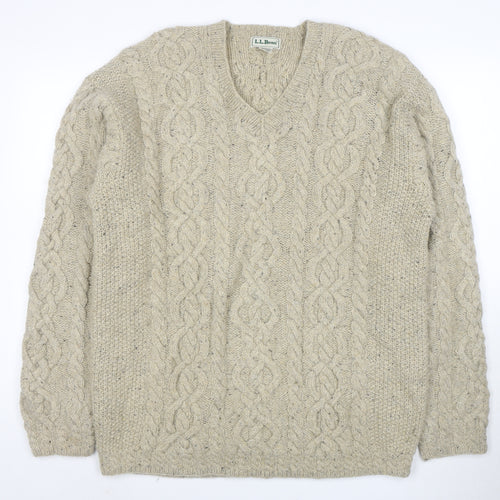 L.L. Bean Men Beige Wool Cable Knit V-Neck Jumper L Tall