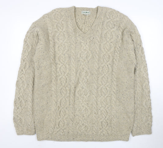 L.L. Bean Men Beige Wool Cable Knit V-Neck Jumper L Tall