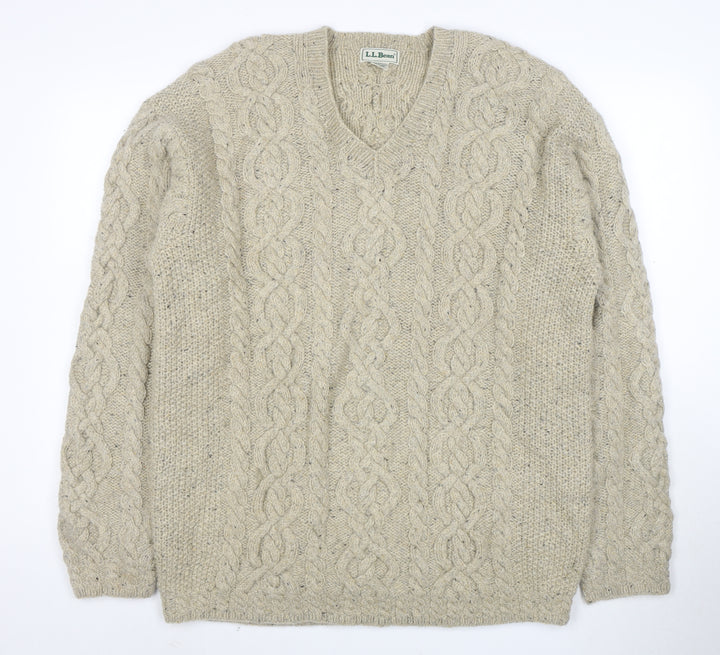 L.L. Bean Men Beige Wool Cable Knit V-Neck Jumper L Tall