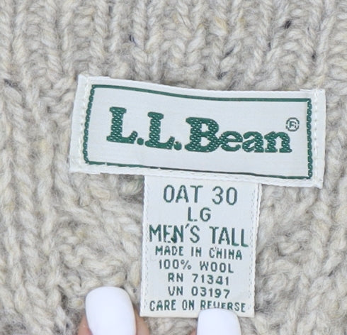 L.L. Bean Men Beige Wool Cable Knit V-Neck Jumper L Tall