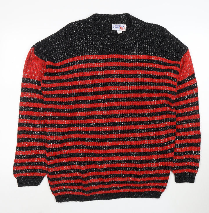 American Pride Women's Red Black Striped Chunky Knit Jumper M