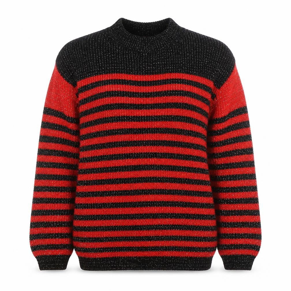 Front view of American Pride Women's Red Black Striped Chunky Knit Jumper M
