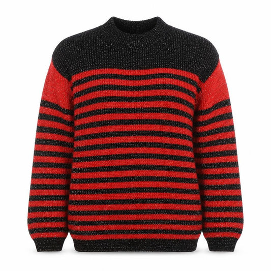 Front view of American Pride Women's Red Black Striped Chunky Knit Jumper M