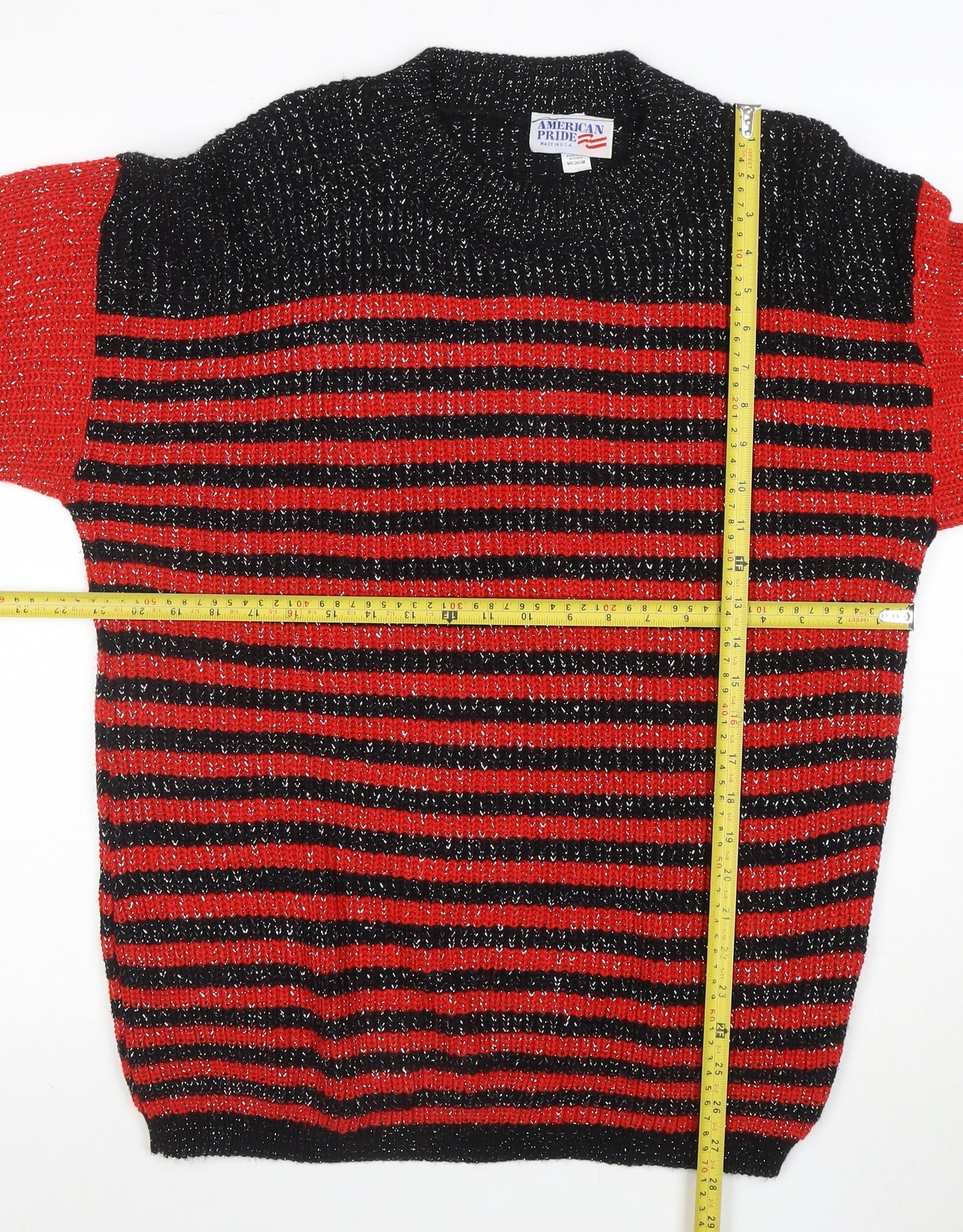 American Pride Women's Red Black Striped Chunky Knit Jumper M