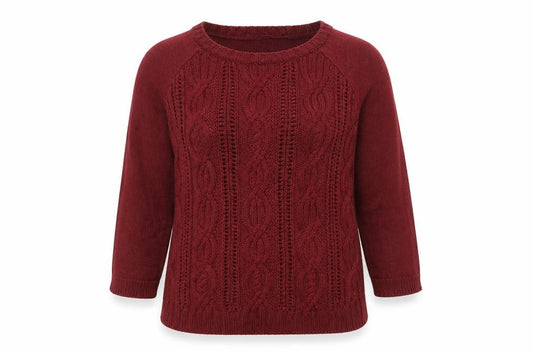 Front view of Tommy Hilfiger Women Burgundy M Cable-Knit Crew Neck Jumper
