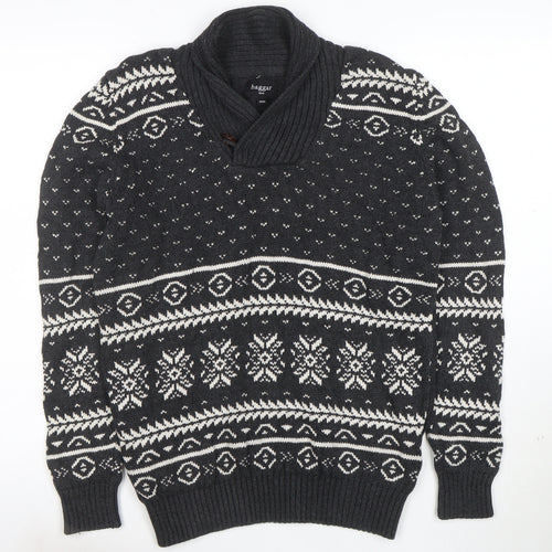 Haggar Men's Grey Fair Isle Shawl Neck Cotton Jumper Size M