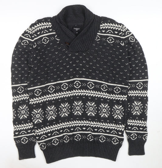 Haggar Men's Grey Fair Isle Shawl Neck Cotton Jumper Size M