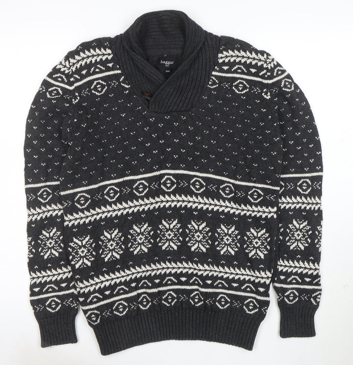 Haggar Men's Grey Fair Isle Shawl Neck Cotton Jumper Size M