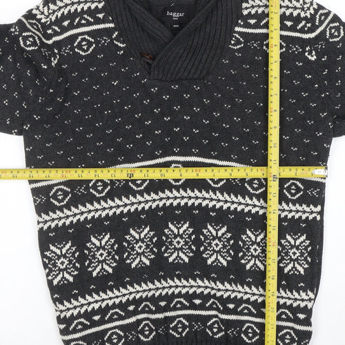 Haggar Men's Grey Fair Isle Shawl Neck Cotton Jumper Size M