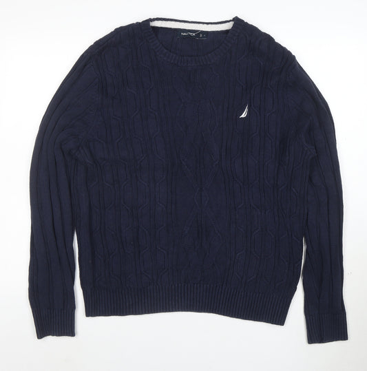 Nautica Men's Blue Cotton Cable-Knit Crew Neck Jumper Size L