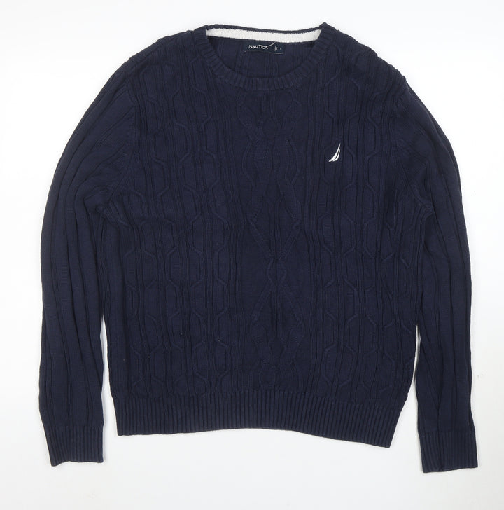 Nautica Men's Blue Cotton Cable-Knit Crew Neck Jumper Size L