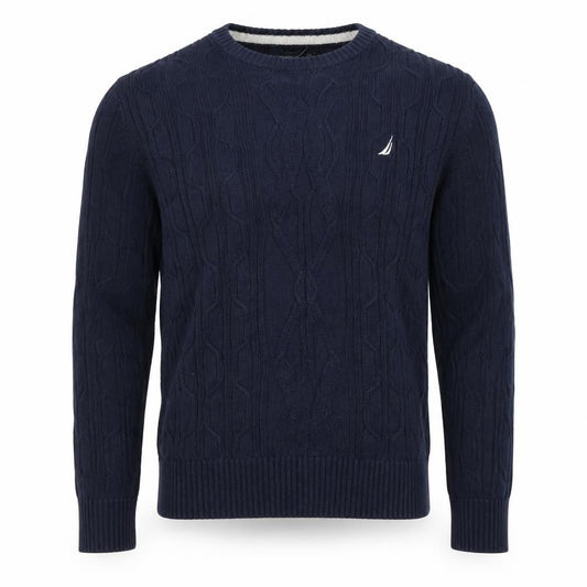 Front view of Nautica Men's Blue Cotton Cable-Knit Crew Neck Jumper, size L
