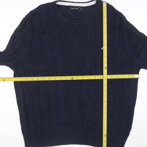 Nautica Men's Blue Cotton Cable-Knit Crew Neck Jumper Size L