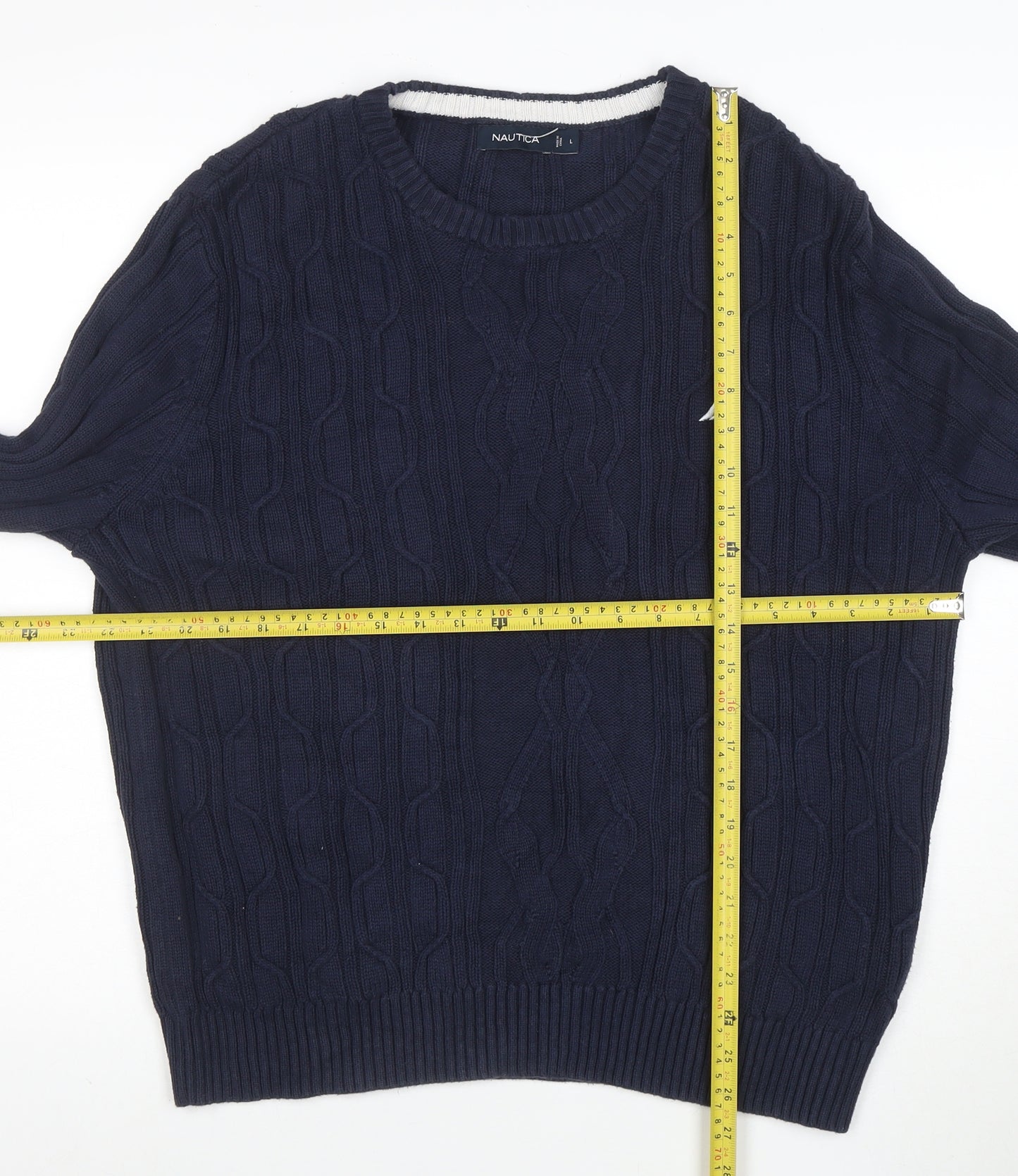 Nautica Men's Blue Cotton Cable-Knit Crew Neck Jumper Size L