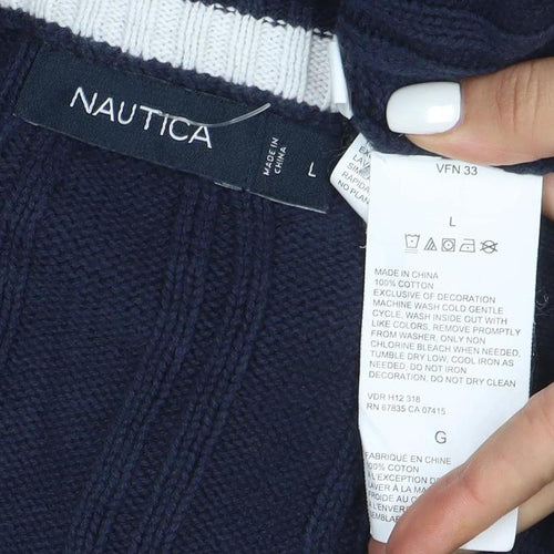 Nautica Men's Blue Cotton Cable-Knit Crew Neck Jumper Size L