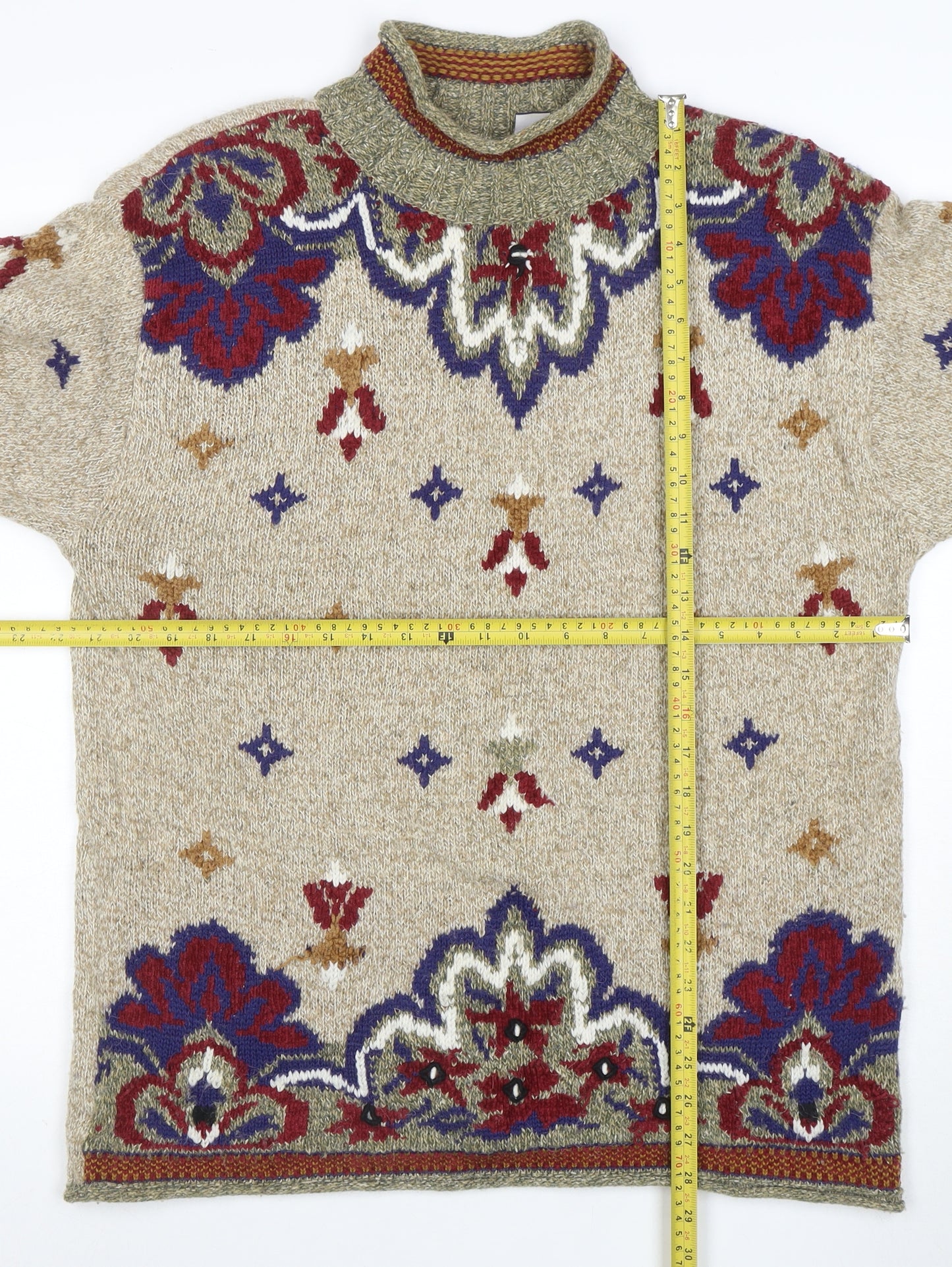 Lizsport Women's Beige Roll Neck Bohemian Wool Blend Jumper M