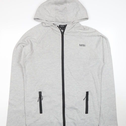 boohooMAN Men's Grey Full Zip Hoodie Size L Lightweight Hooded Sweatshirt