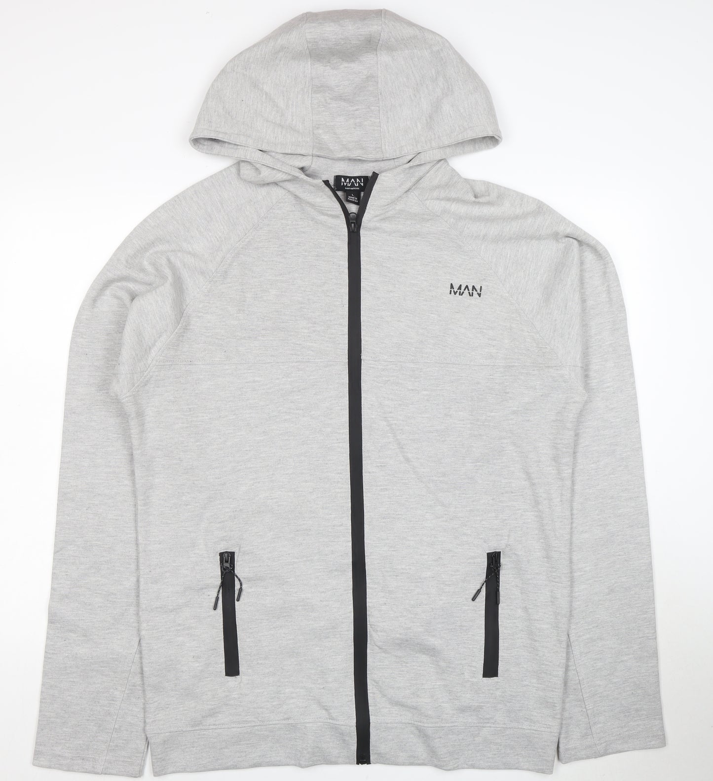 boohooMAN Men's Grey Full Zip Hoodie Size L Lightweight Hooded Sweatshirt