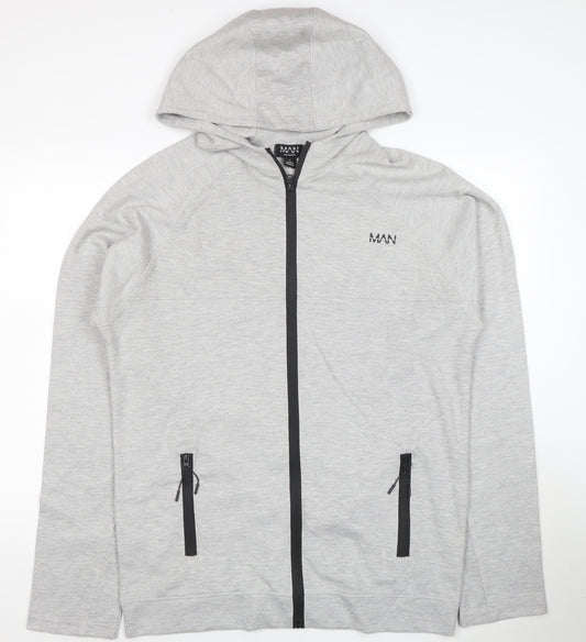 boohooMAN Men's Grey Full Zip Hoodie Size L Lightweight Hooded Sweatshirt