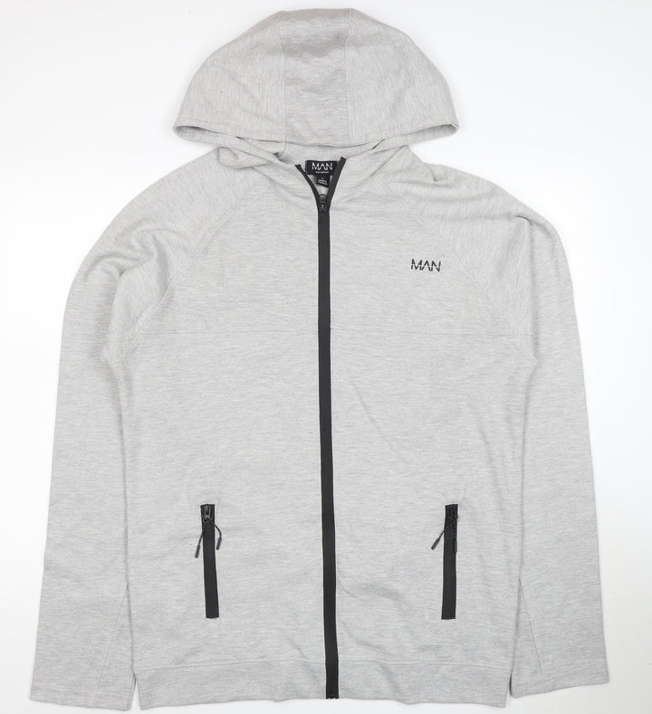 boohooMAN Men's Grey Full Zip Hoodie Size L Lightweight Hooded Sweatshirt