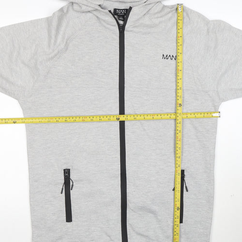 boohooMAN Men's Grey Full Zip Hoodie Size L Lightweight Hooded Sweatshirt