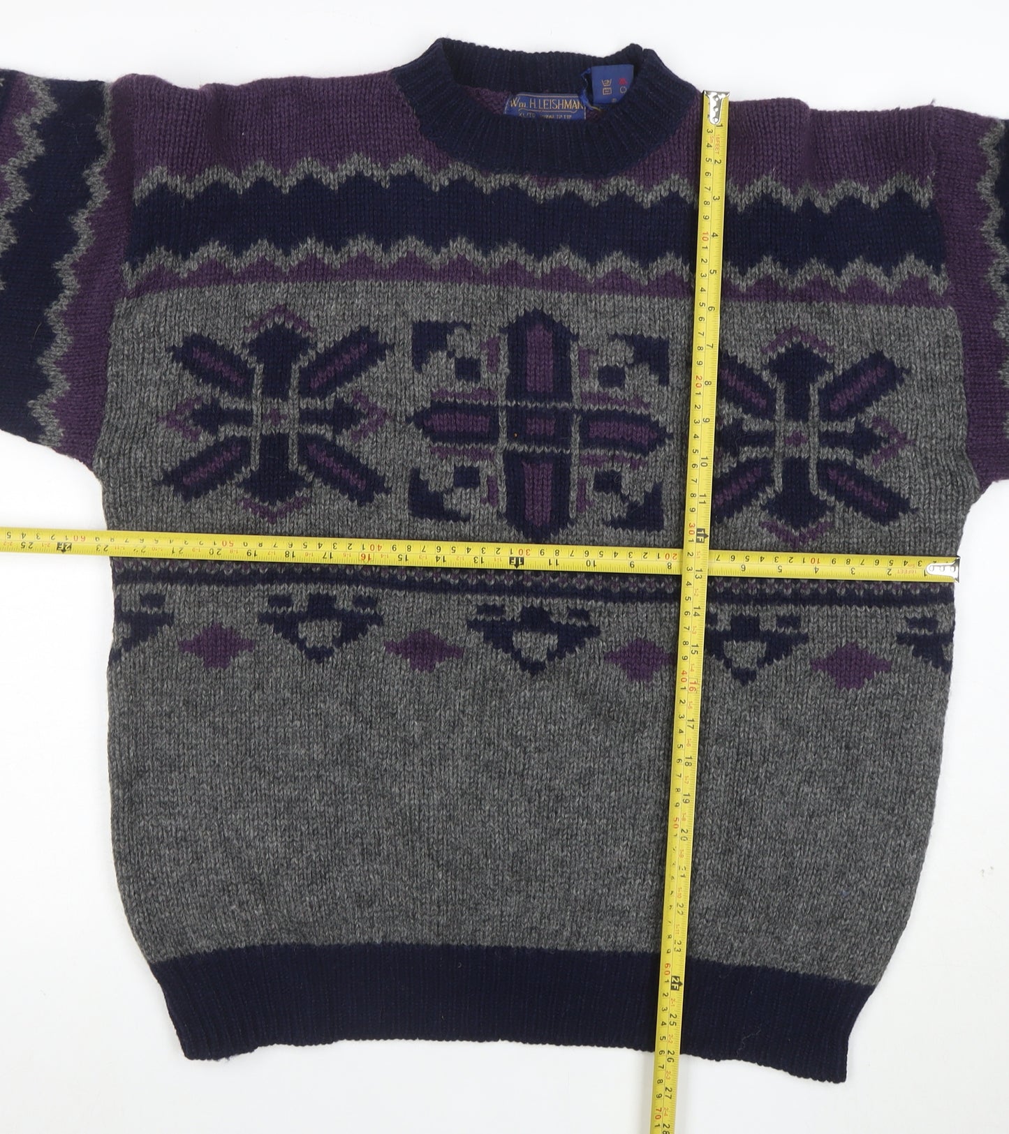 Wm Fleishman Mens Grey Fair Isle Wool Chunky Knit XL Jumper