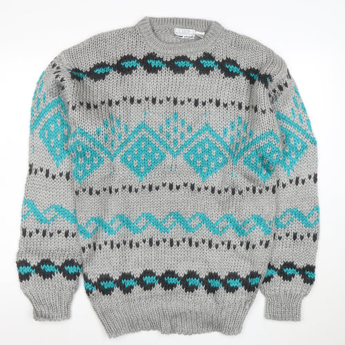 Club International Men's Grey Chunky Knit Geometric Pullover Jumper S