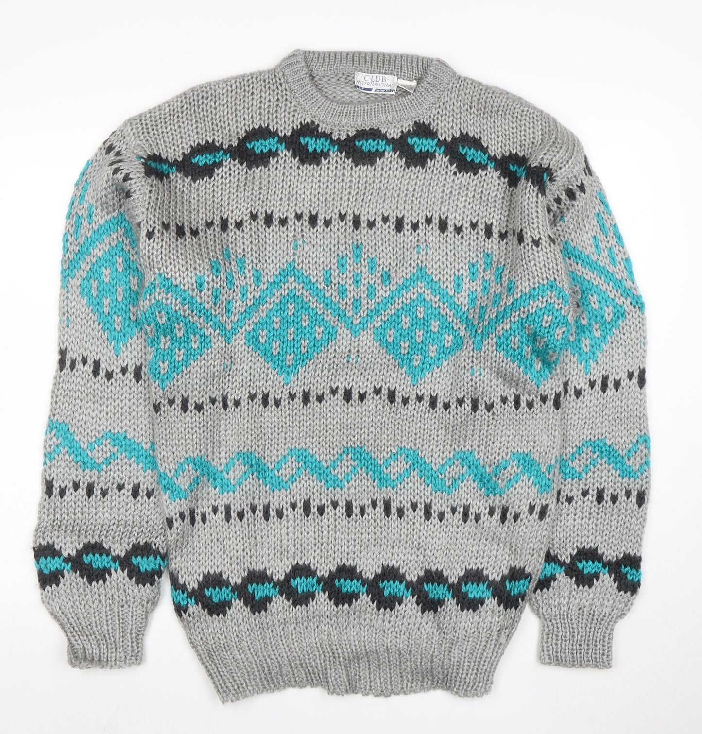 Club International Men's Grey Chunky Knit Geometric Pullover Jumper S
